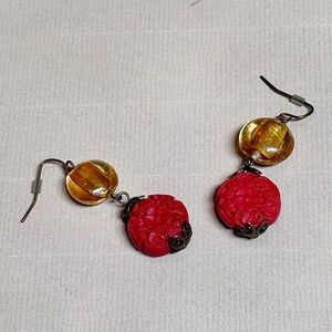 Cinnabar Asian Style Red Hexagon Bead Earrings